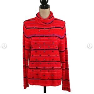 Sigrid Olsen Sport Women TurtleNeck Sweater Sz Med Red Striped Button Detail